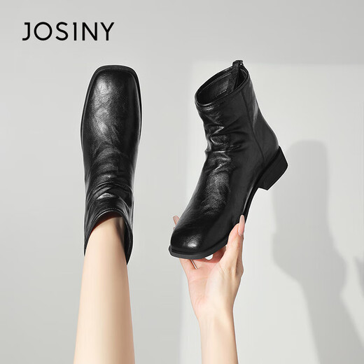 Zhuo Shini Autumn and Winter Slim Boots Short Boots Shoes French Wrinkle Thick Heel Small Naked Boots Black 37