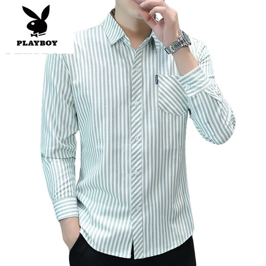 Playboy (Playboy) Spring and Summer Shripted Striped Shirte Men's Men à manches longues Casculé Casual Shirt Slim and Free-Firl Men's New Produit 722 Green M 80-104Jin [Jin est égal à 0,5 kg]