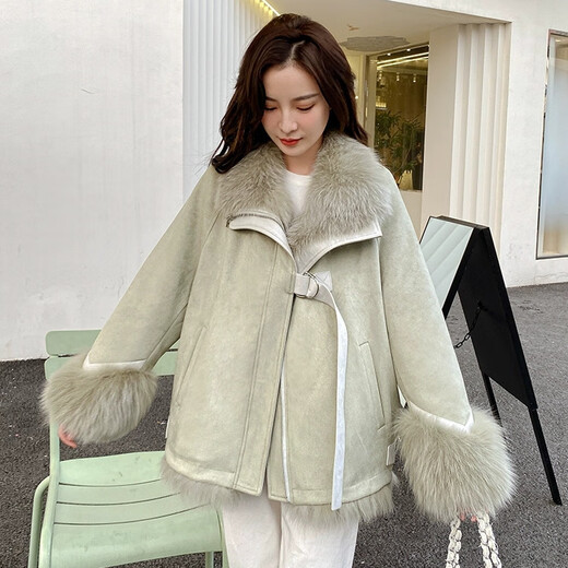 Romon brand suede stitching fox fur eco-friendly fur jacket for women 2026 autumn and winter new mid-length parka mocha brown L 125-145Jin Jin equals 0.5 kg