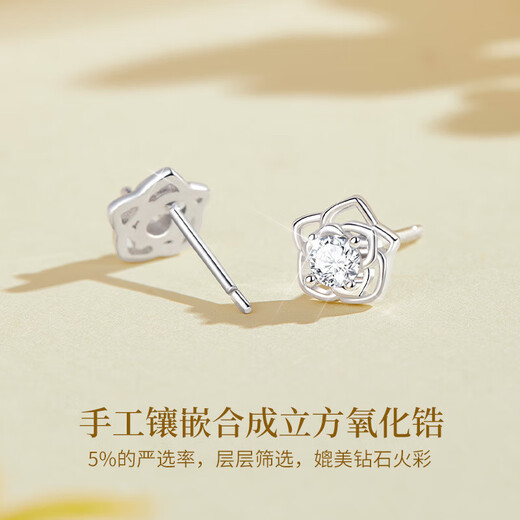 Lao Fengxiang Rose Pure Silver Sterling Silver Earrings for Women 2025 New Earrings Light Luxurious Design Birthday Gift for Girlfriends L-EZ0004 Pure Silver Rose Earrings* Brand Gift Box