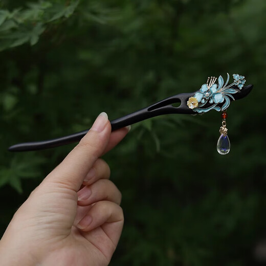 Hypatia Hairpin Women's Ebony Wood Hairpin Ancient Style Imitation Dotted Green Burnt Blue Butterfly Double-sided Hairpin New Chinese Hanfu Hairpin Lotus Burnt Blue