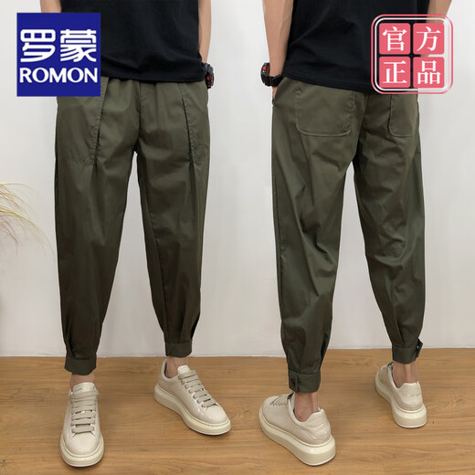 ROMON verano nuevos monos marca de moda pantalones casuales guapos sueltos leggings de rábano harén pantalones de pierna ancha verde militar para hombres verde militar 28