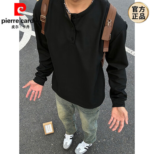 Pierre Cardin (pierre cardin) black American Henry collar sweatshirt men's summer waffle long-sleeved T-shirt is cool and handsome inner layering shirt black M 105-120Jin Jin is equal to 0.5 kg