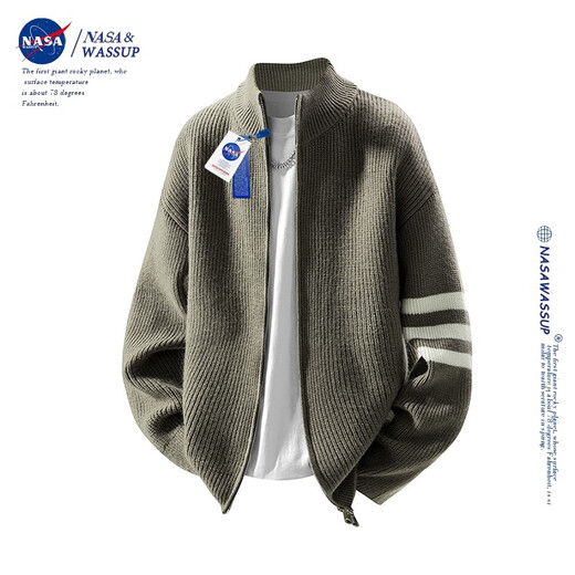 Nasawassup official trendy brand co-branded sweater men's autumn and winter retro stand-up collar striped cardigan zipper contrasting color men's sweater worsted gray XL (recommended 130-150Jin Jin equals 0.5 kg)