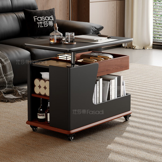 Fasati government subsidized living room side table movable sofa side table Italian minimalist side cabinet trolley coffee table storage rack BJ3023 black + walnut color. Movable trolley side table