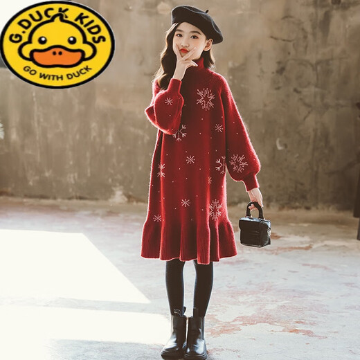 G.duck Girls' Winter Clothes New Year's Autumn Clothes Skirts Autumn and Winter 2026 New Children's Girls Winter Girls' Dresses Burgundy 130 Recommended for 7-8 years old