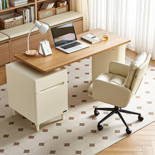 Quanyou Home Log Furniture Desk with Drawer Home Study Office Storage Table Bedroom Makeup Table and Chair Combination Log Color + Milk White | Reverse Desk