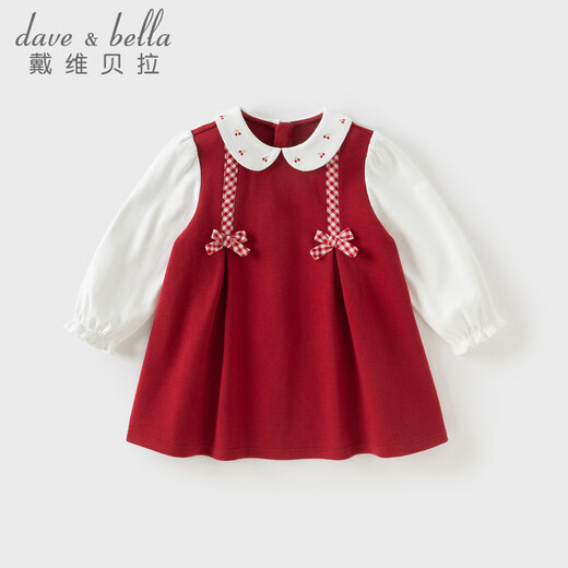 DAVE&BELLA girls' dress, baby girl's fake two-piece dress, new spring dress, fashionable children's princess dress, children's dress, red, in stock, 120 cm (recommended height 110-120cm)