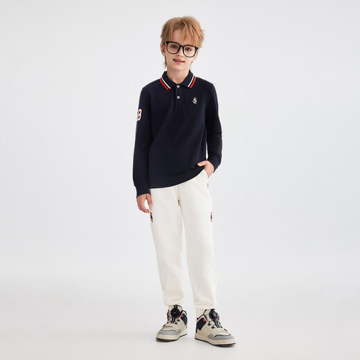 Hush Puppies children's clothing children's boys autumn new t-shirt simple classic casual versatile digital long-sleeved polo shirt navy blue 170 cm