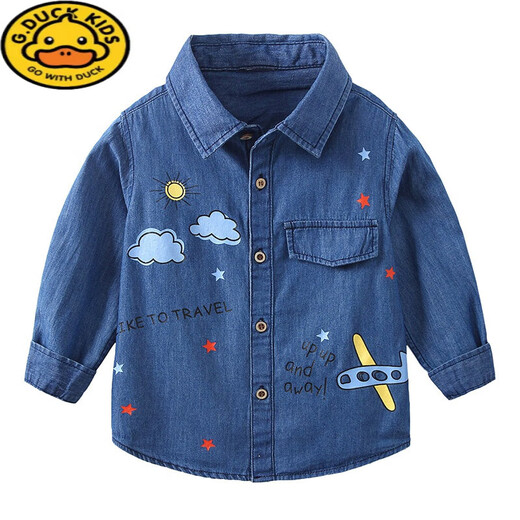 G.duck Boys Denim Shirt Pure Cotton 2026 Spring Children's Lapel Shirt Western Style Korean Baby Jacket Spring and Autumn Clothes Dark Denim Color 100 Suitable for Height 90-100cm Age 3-4 Years Old