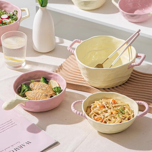 Persson Double-Eared Soup Bowl Home 2025 New Instant Noodle Bowl High-Looking Large Bowl Creamy Noodle Soup Bowl Ceramic Snail Noodle Bowl 9.5-inch Double-Eared Bowl Pink + Milk Yellow