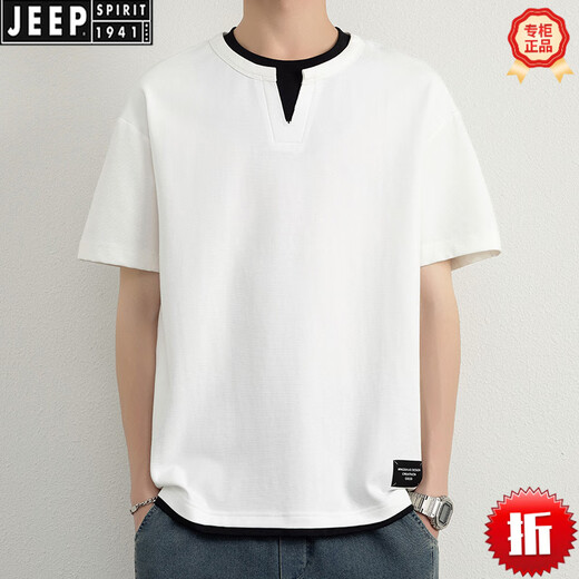 JEEP SPIRIT液氨棉重磅假两件潮牌男短袖T恤设计感2026新款夏季男装半袖体恤 1369咖啡 M 约90-110斤可穿