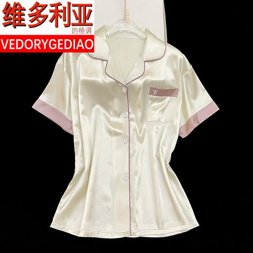 维多利亚的格调品牌2025年新款冰丝睡衣女士短袖夏季薄款可外穿家居服套装春夏天 FS_9214#开衫双短 蕾丝口袋 M