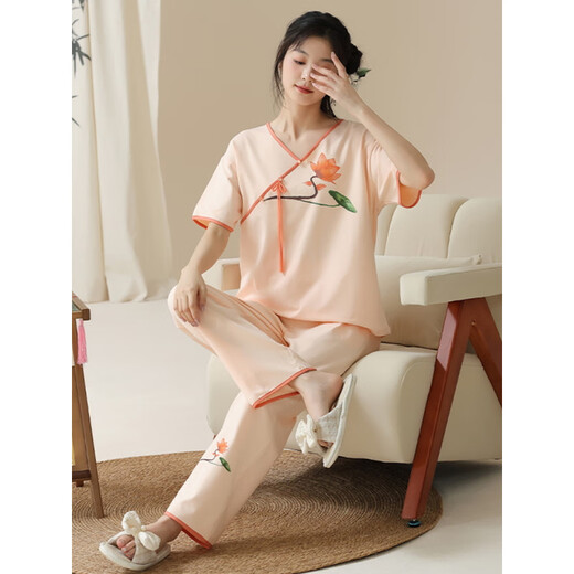 Un juego de pijamas de manga corta para mujeres de verano de 21 Funb con nuevos pantalones de ropa de algodón de algodón de estilo chino, puedes usarlo afuera para ropa casual en verano Lzy9905 m (sugerido 75-95Jin [Jin iguala 0.5 kg])