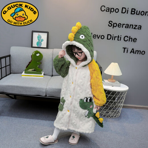 G.DUCKKIDS children's pajamas boys' winter flannel pajamas baby long hooded anti-cold bathrobe dinosaur home bathrobe beige 90 cm