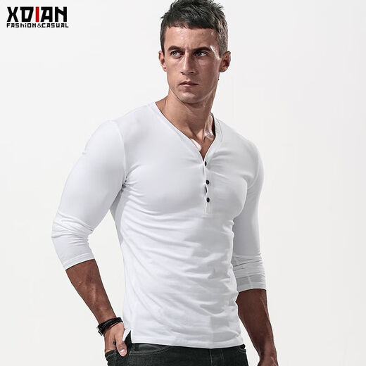 Fanshu Henry shirt long-sleeved T-shirt for men, low-neck American retro bottoming shirt, tight-fitting top, large V-neck spring and autumn style, white M 90-118Jin Jin equals 0.5 kg