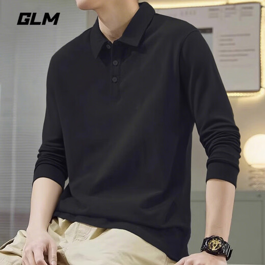 GLM long-sleeved t-shirt men's spring and autumn lapel long-sleeved polo shirt men's simple sports top bottoming shirt men's black XL