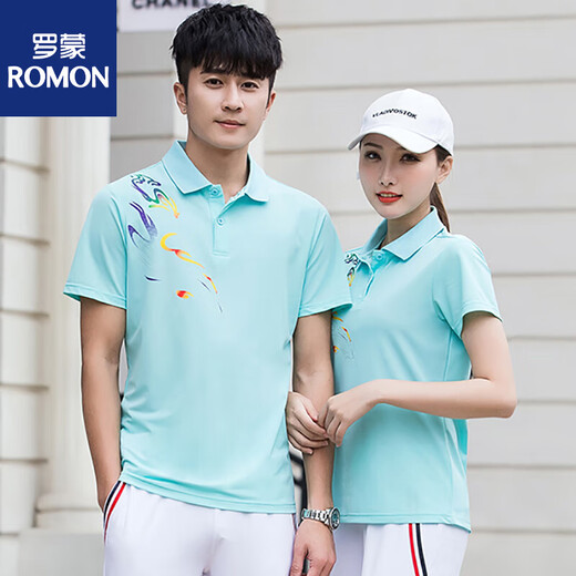 罗蒙夏季情侣短袖t恤男女透气速干衣POLO衫运动套装定制印logo工作服 9215月蓝套装(T恤+白长裤) L 男