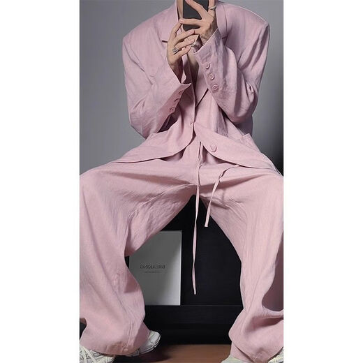 An Chuxia 2025 summer new style designer loose niche light luxury men's casual thin simple temperament suit suit pink suit L 110-130Jin Jin equals 0.5kg recommended