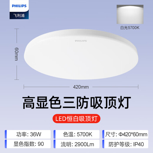 Philips (PHILIPS) full spectrum LED three-proof ceiling lamp IP40 moisture-proof, dust-proof, mosquito-proof and insect-proof bedroom balcony light 36W white light 5700K size 420mm
