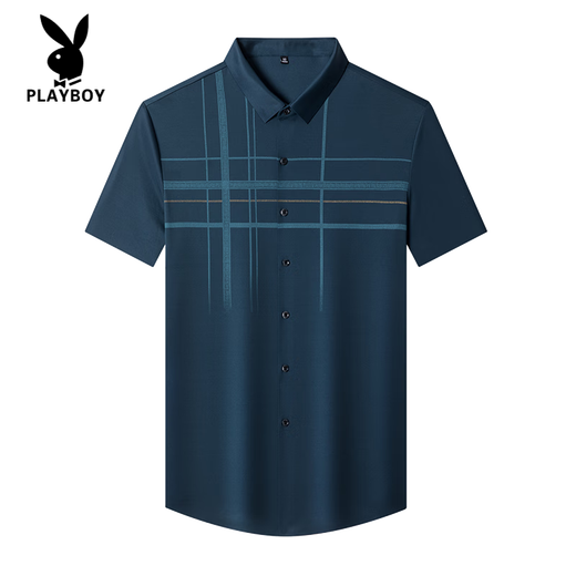 
Playboy (PLAYBOY) high-end middle-aged men's short-sleeved shirt thin markless ice silk summer plaid lapel daddy top SHQE9761 blue one size 165M