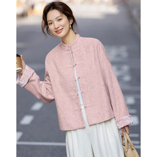 Demana cotton, sheep and wool blended winter Chinese style new Chinese style stand collar dignified plate button velvet splicing short women's jacket