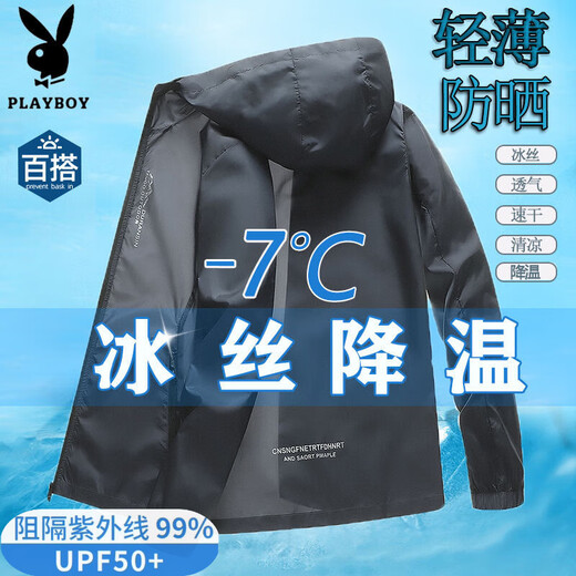 Playboy Ice Silk Sun Protection Jacket Men's Summer New Anti-UV Thin Fishing Sun Protection Jacket Cool and Quick-drying and Breathable PQ1977-Dark Blue Cool and Breathable M 90-105Jin Jin equals 0.5 kg