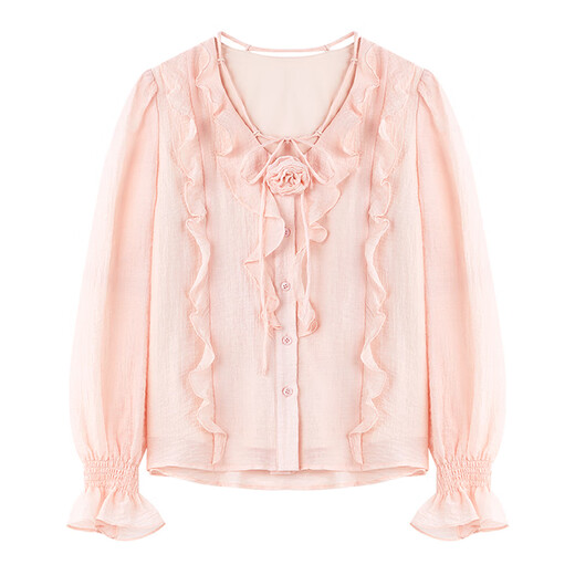 Qiushui Yiren Elegant and versatile lotus leaf V-neck shirt 2025 spring and autumn new style women's classic H-shaped chiffon top pink S