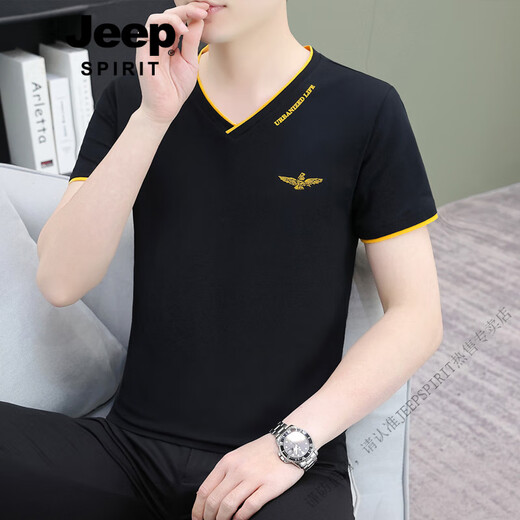 JEEP SPIRIT高品质薄款白色男装v领短袖t恤打底衫青年上衣夏季新款纯棉体恤衫 蓝灰色Q694短 袖 L