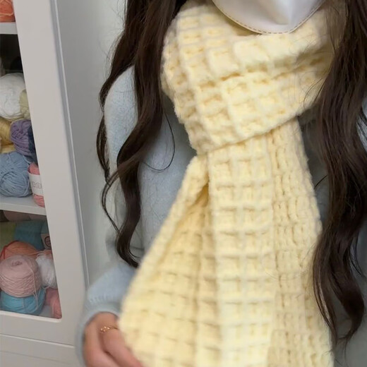 Reza scarf hand-knitted diy material package hand-knitted waffle clouds and woolen yarn homemade scarf for girlfriend, creamy yellow, 4 groups of threads totaling 400 grams + tools + tutorial + gift bag