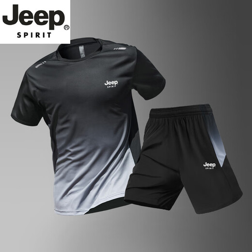 JEEP SPIRIT轻奢高端运动套装男士速干衣短袖t恤夏季冰丝训练短裤健身衣服男 9901黑灰套装 M