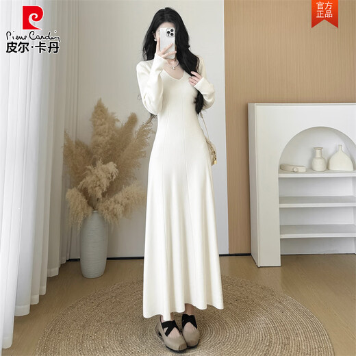 Pierre Cardin French v-neck knitted dress for women, new autumn and winter style, with coat and bottoming sweater skirt, long skirt, black M, recommended weight 95-110