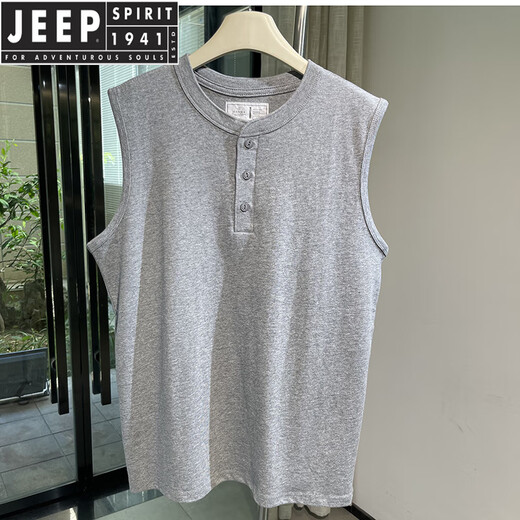 JEEP SPIRIT Henry collar tough guy style vest American heavyweight cotton washed sleeveless waistcoat T-shirt men's fitness sports undershirt beige green 2XL 170-190Jin Jin equals 0.5 kg