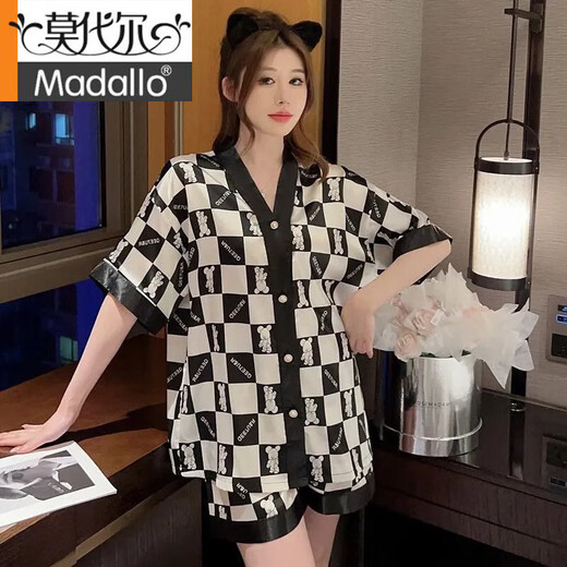 Pajamas modal Summer Summer seda delgado y transpirable pantalones pantalones pantalones cortos fríos altosa de gran tamaño de gran tamaño 826# Mickey a cuadros a cuadros de doble pecho Mickey M [80-105]