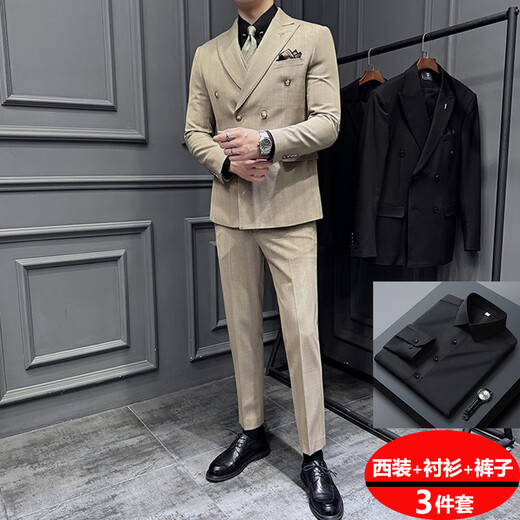 Jason's double-breasted plaid suit men's suit high-quality formal dress business casual groom's wedding suit three-piece khaki (suit + shirt + pants) 2XL
