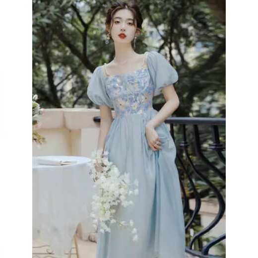 烨白法式复古连衣裙夏天女2025年新款蓝色在逃公主礼服裙油画风 蓝色油画连衣裙 S