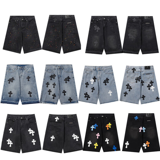 
Chrome heart leather retro cross straight denim summer shorts new loose casual five-point pants trendy brand men and women 9903 black orange 28