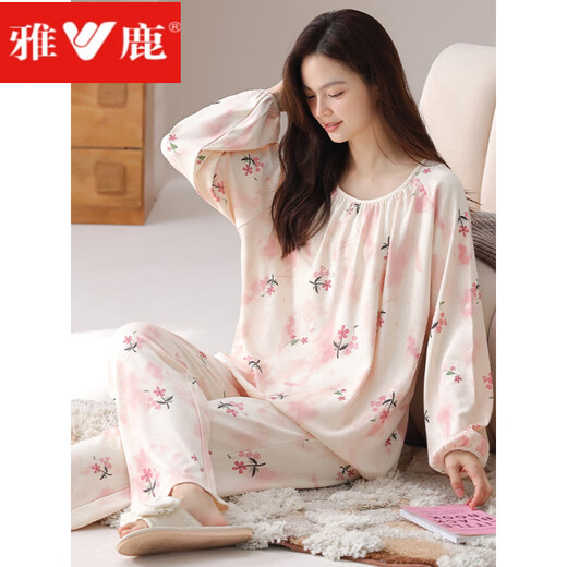 Yalu Guofeng spring and autumn long-sleeved pajamas set for women cotton summer and winter style with chest pad integrated large size home clothes can be worn outside HRY1047 M recommended 75-95Jin Jin equals 0.5 kg)