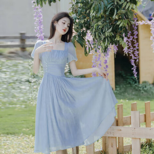 烨白法式复古连衣裙夏天女2025年新款蓝色在逃公主礼服裙油画风 蓝色油画连衣裙 S