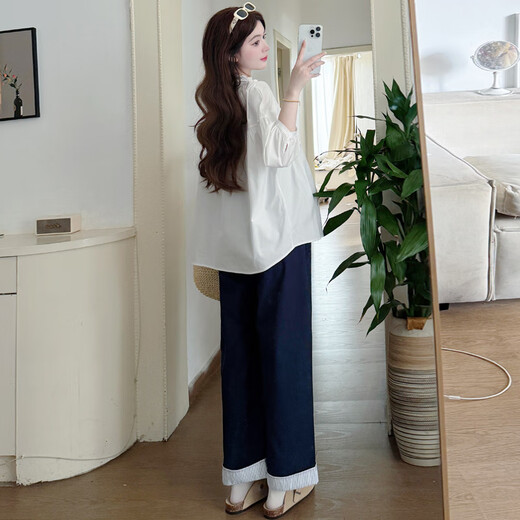 Ran Qiqi maternity wear autumn suit lazy style 2025 new long-sleeved shirt top wide-leg pants small fragrance two-piece set white shirt + navy blue pants (suit) XL