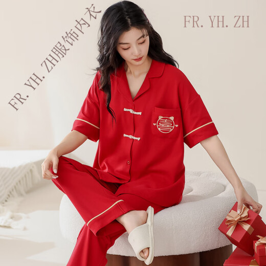 Fr.yh.zh Sommerpyjamas Frauen neue Kurzarmhosen Doppelbreastes Set großer Summer Lose Sommer Casual Home Anzug AM-695# Frauen 100 m Empfohlen 80-100jin [Jin gleich 0,5 kg]