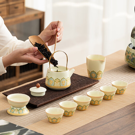 Bo Na Ling Tea Set Complete High-end Kung Fu Tea Set Portable Business Gift Practical Heartfelt Birthday Gift for Father and Elders Ru Kiln Ancient Charm 10-piece Set Chinese Dragon Gift Box