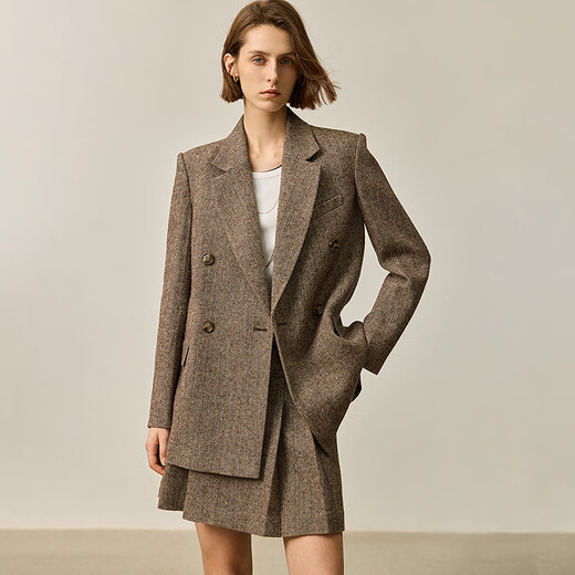LILY2025 new autumn women's sheep wool blend old money style herringbone lapel silhouette commuter suit jacket 732 chocolate L