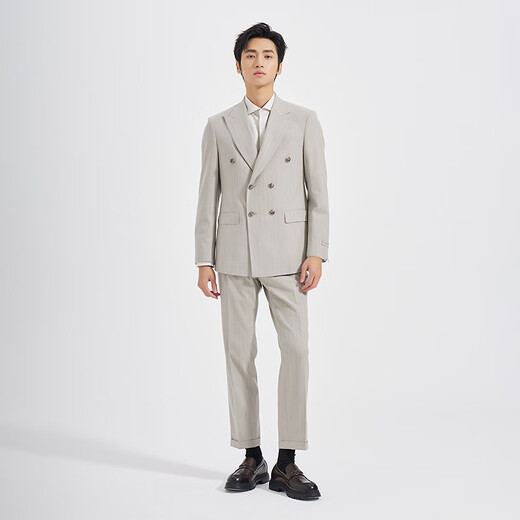 Lilang Youth Business Men's Wear, Shopping Mall Same Style Suit, Men's Lapel Double-breasted Striped Formal Two-piece Set, Khaki Gray (1YA) 190A