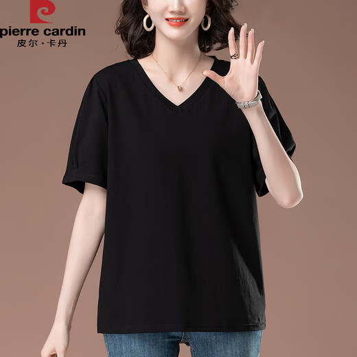 Pierre Cardin pure cotton short-sleeved t-shirt for women 2025 new summer loose sweetheart neck large size middle-aged and elderly mother V-neck t-shirt black KSP-9896 L suitable for -115Jin Jin equals 0.5 kg