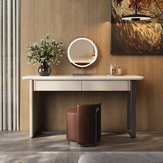 Jiajiahuan 2025 new Italian minimalist master bedroom dressing table with mirror marble bedroom high-end light luxury dressing table 0.8 meter dressing table + stool + mirror / Kari ice jade / gray titanium