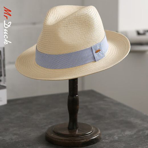 Mr DUCK's new product, handmade fine three-quarter grass white Panama straw hat for men and women, summer large-brimmed jazz beach hat with big head MS226236-khaki_empire blue ribbon (extra size (over 61cm, only for extra large head circumference)