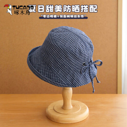 Woodpecker sun hat for women, Japanese plaid fisherman hat, summer thin breathable sunshade hat, sweet bow foldable style, dark blue, one size fits all, 55-59cm adjustable