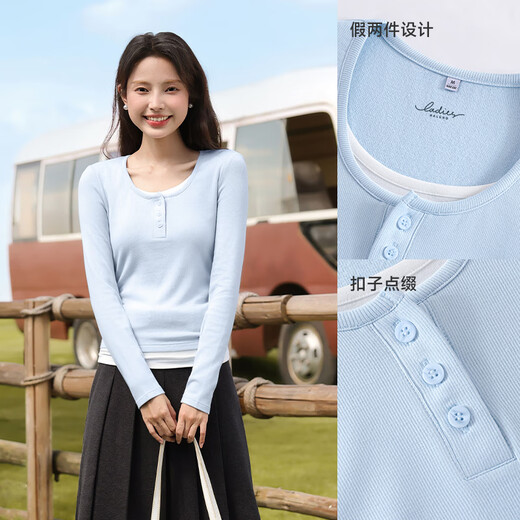 Baleno fake two-piece round neck long-sleeved T-shirt for women 2025 spring and autumn new soft and comfortable slim waist versatile base layer shirt
