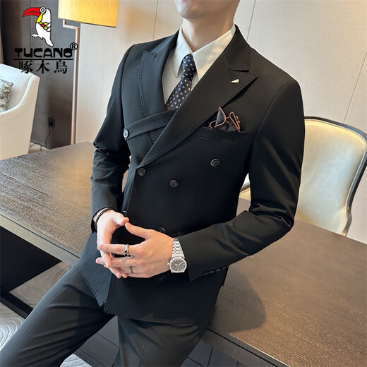 Woodpecker (TUCANO) brown double-breasted suit men's suit British slim men's large size suit three-piece wedding groom's dress trendy black (suit + trousers) XL 52 (125-135Jin Jin equals 0.5 kg)